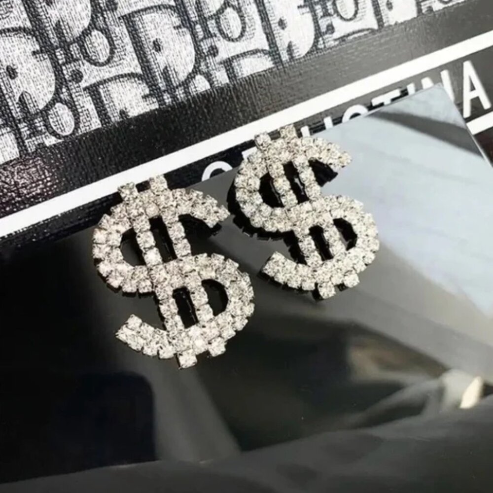 Silver Dollar Sign Earrings